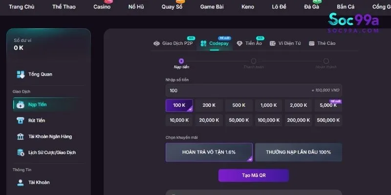 nạp tiền và rút tiền Soc99